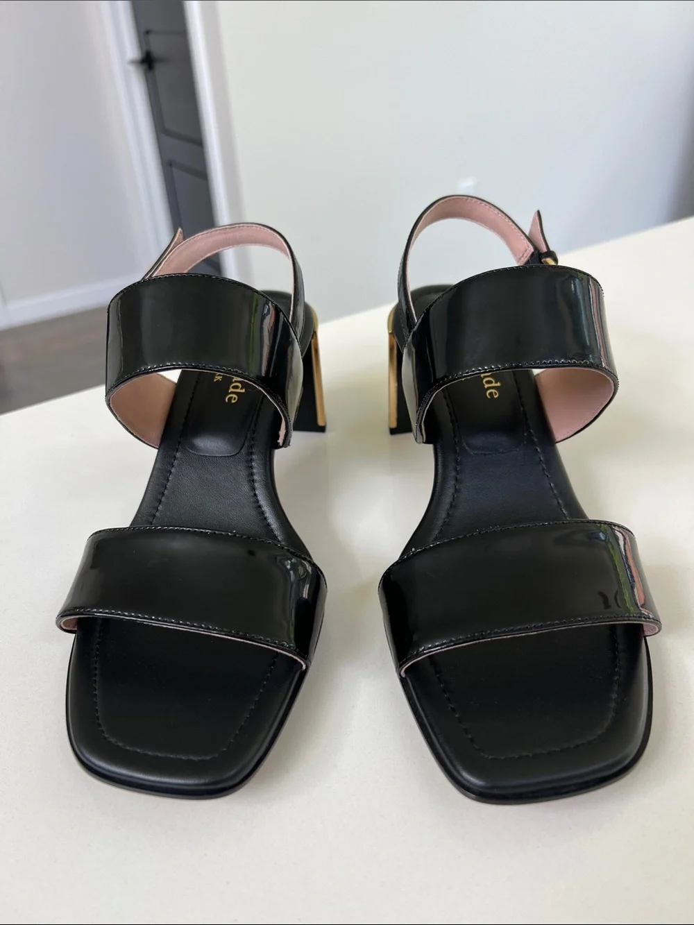 Kate Spade merritt black patent leather open toe heel sandals gold tone hardware